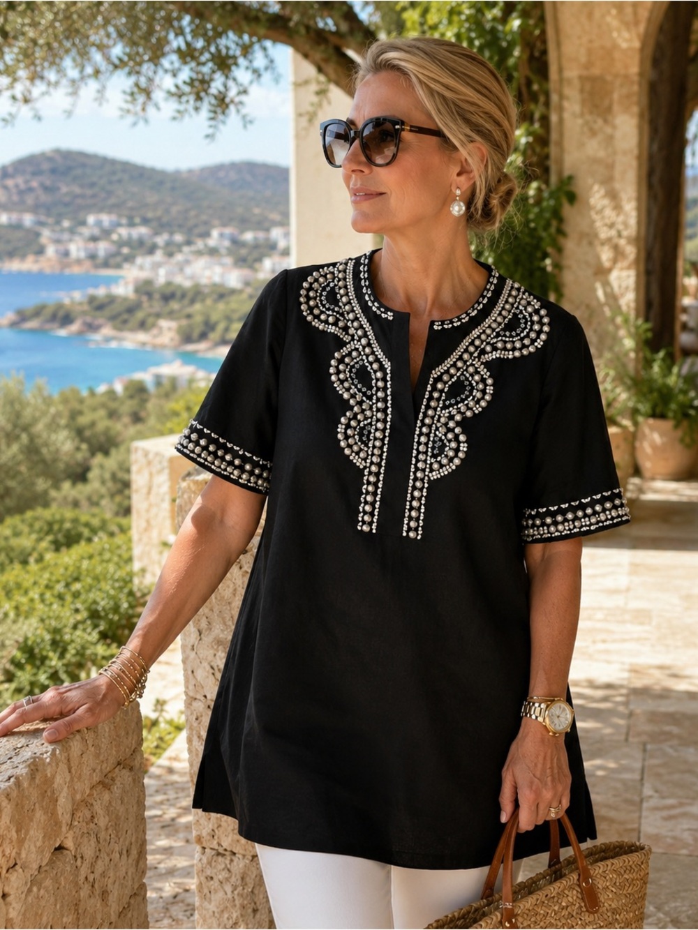 Elie Tahari Beaded Linen Blend Tunic Top Boho Resort Size M coastal grandma - Picture 13 of 13